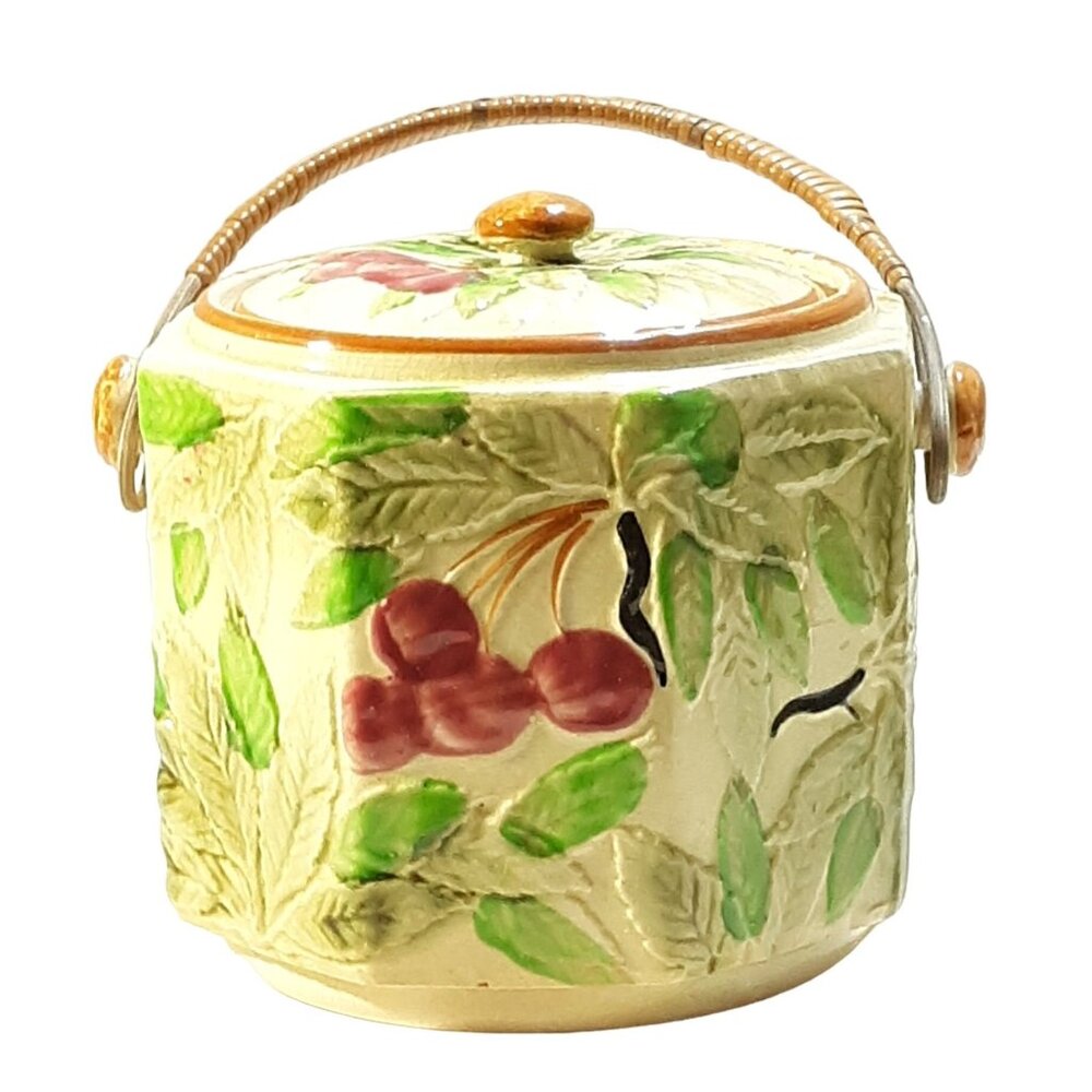 Vintage Hand-Painted Ceramic Biscuit Jar with Lid & Wicker Handle Cherries